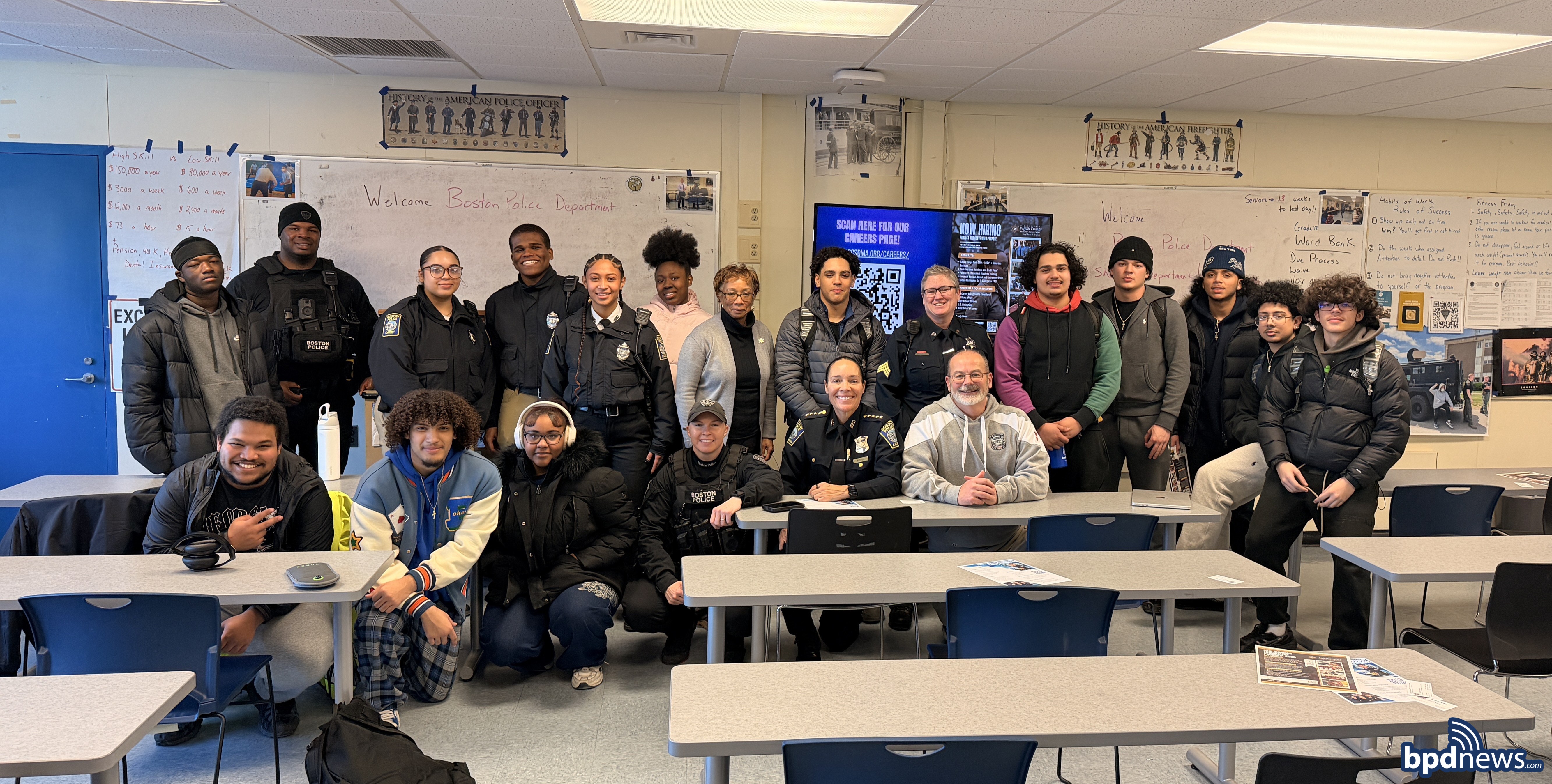 A group picture of BPD officers and students from English High School and other community partners