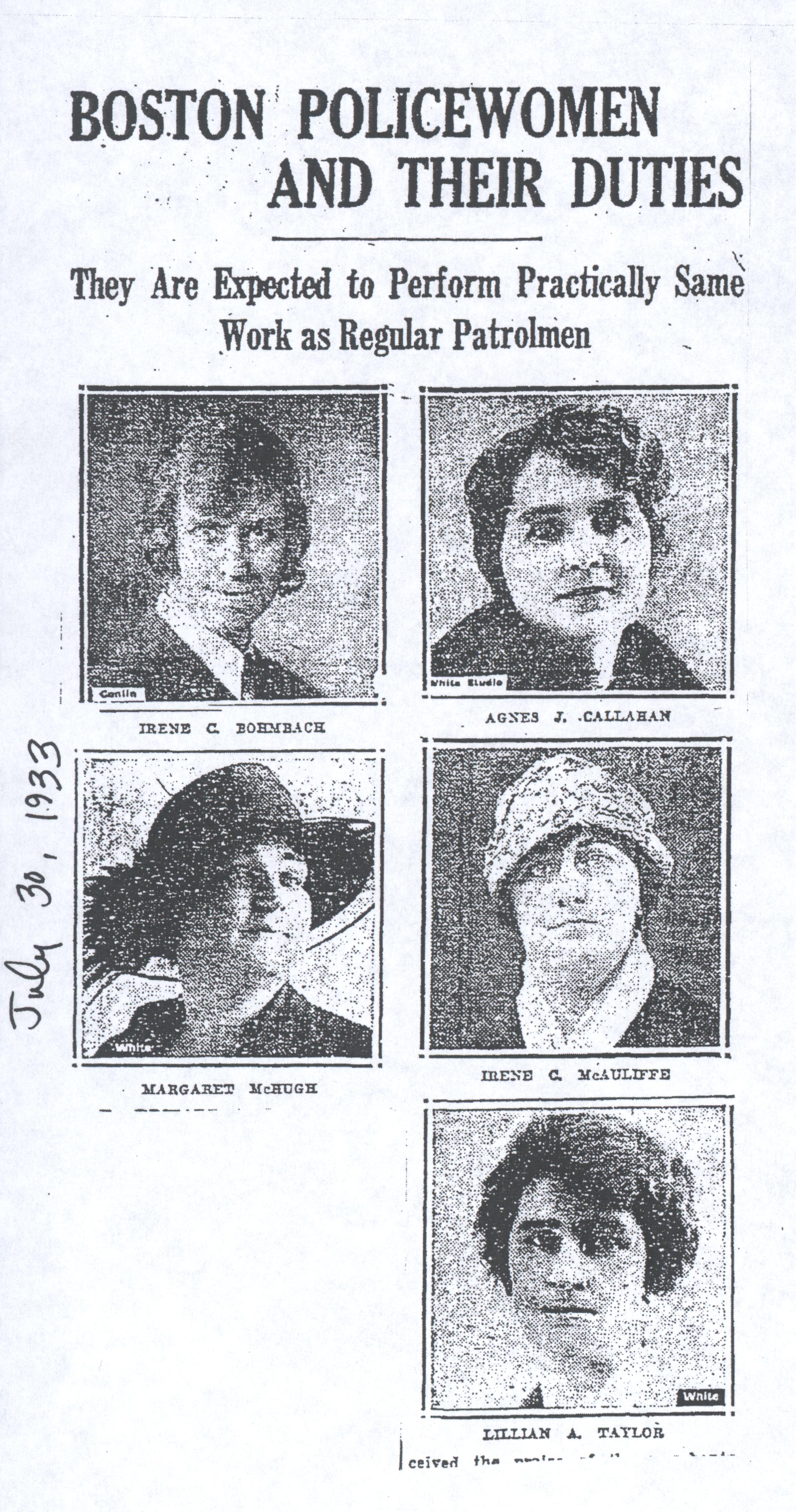 Photo's of five of the six first Police Women of the Boston Police Department